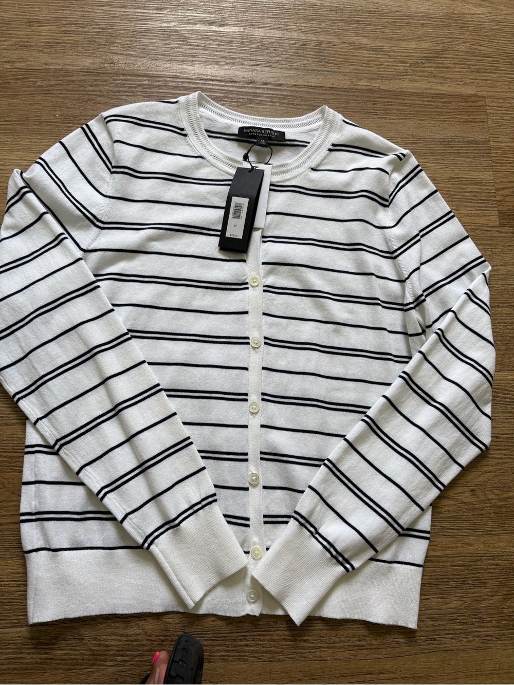 Banana Republic White and Black Striped Button-Front Cardigan